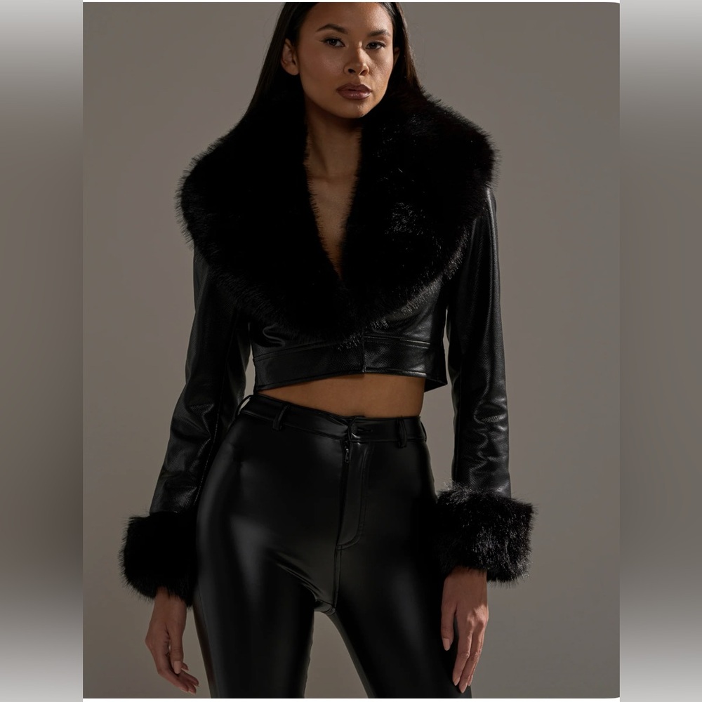 AKIRA Black Leather Jacket with Faux Fur Trim - Picture 2 of 4
